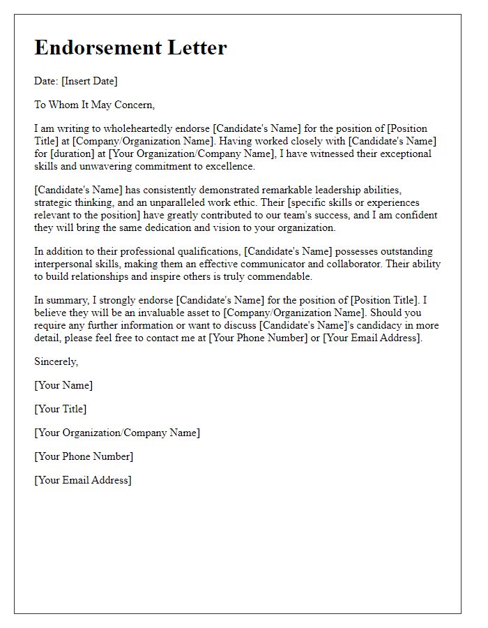 Letter template of endorsement for an executive candidate.