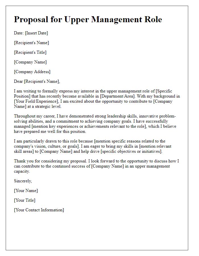 Letter template of proposal for an upper management role.