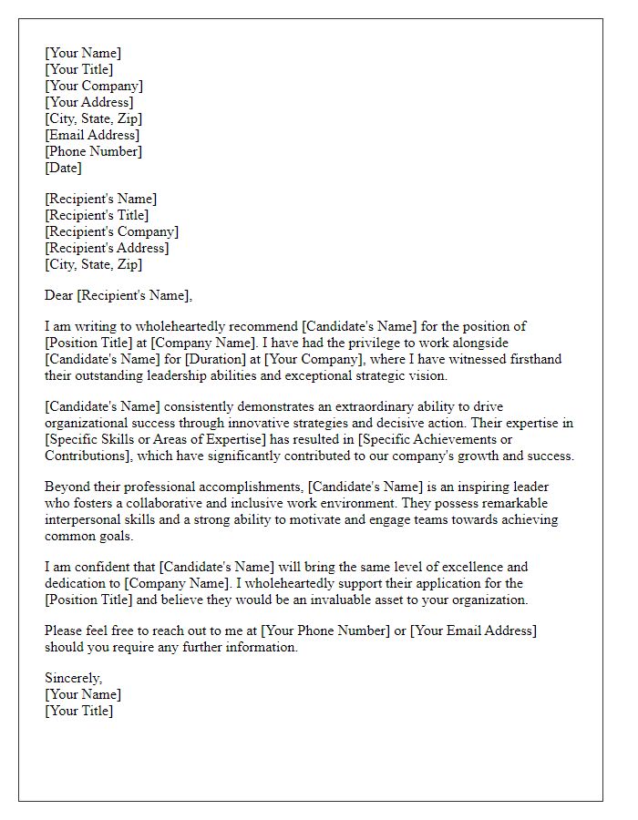 Letter template of recommendation for an executive position.