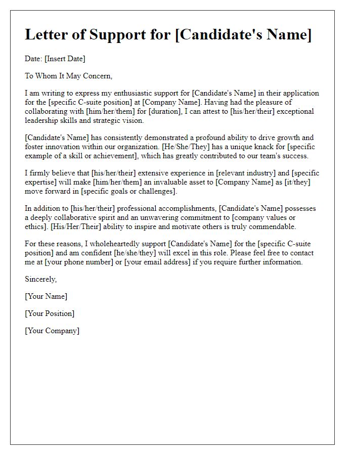 Letter template of support for a C-suite application.