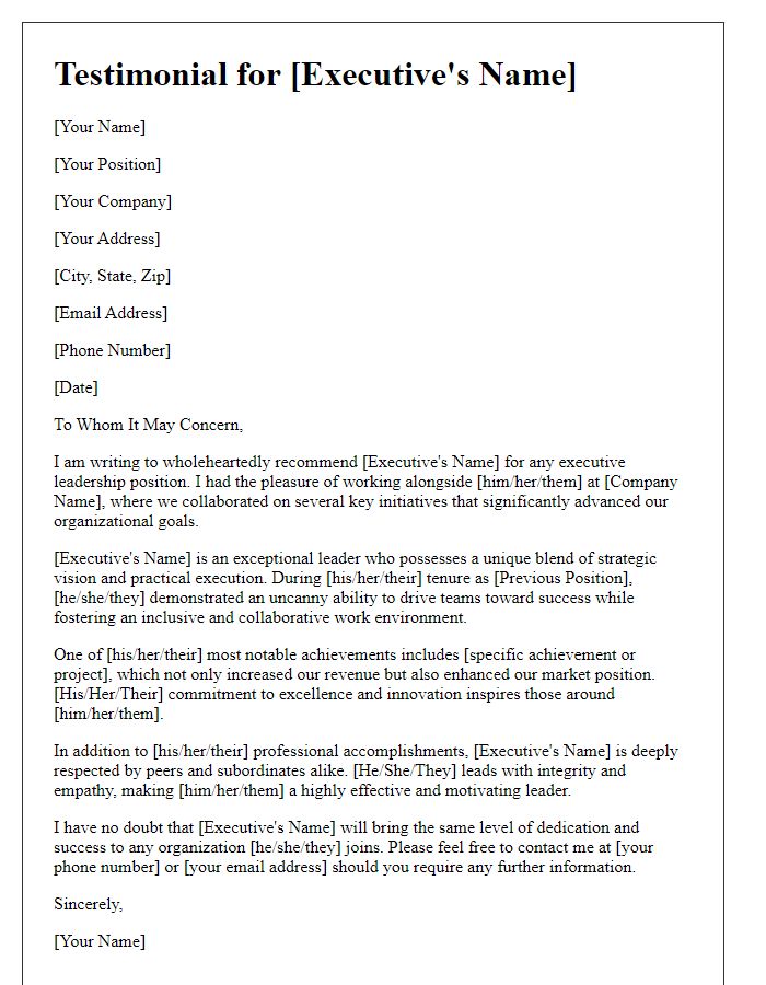 Letter template of testimonial for an executive leadership position.