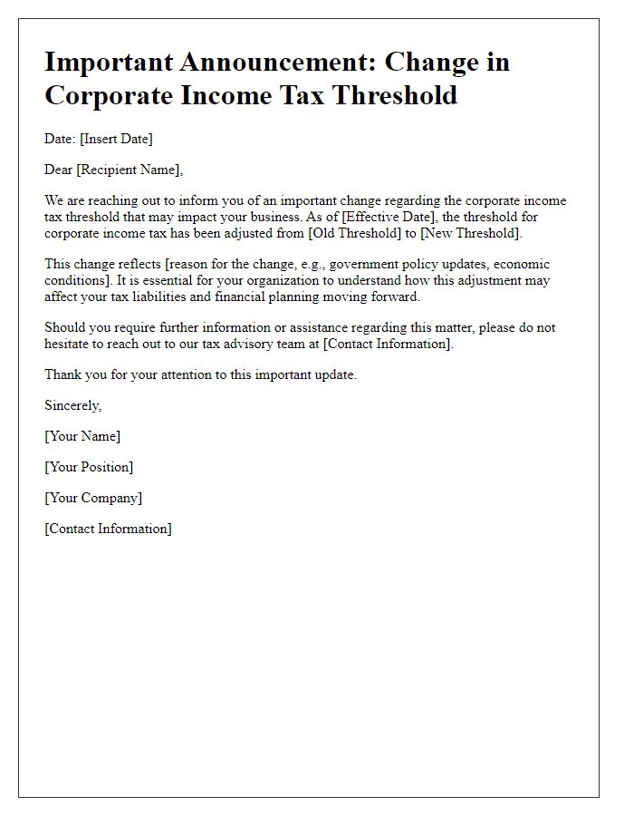 Letter template of corporate income tax threshold change announcement