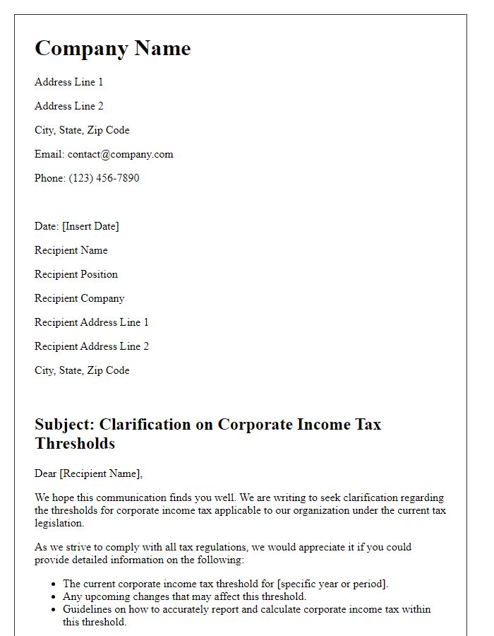 Letter template of corporate income tax threshold clarification