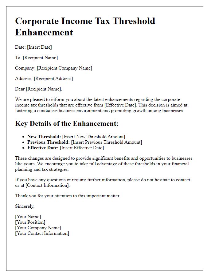 Letter template of corporate income tax threshold enhancement details