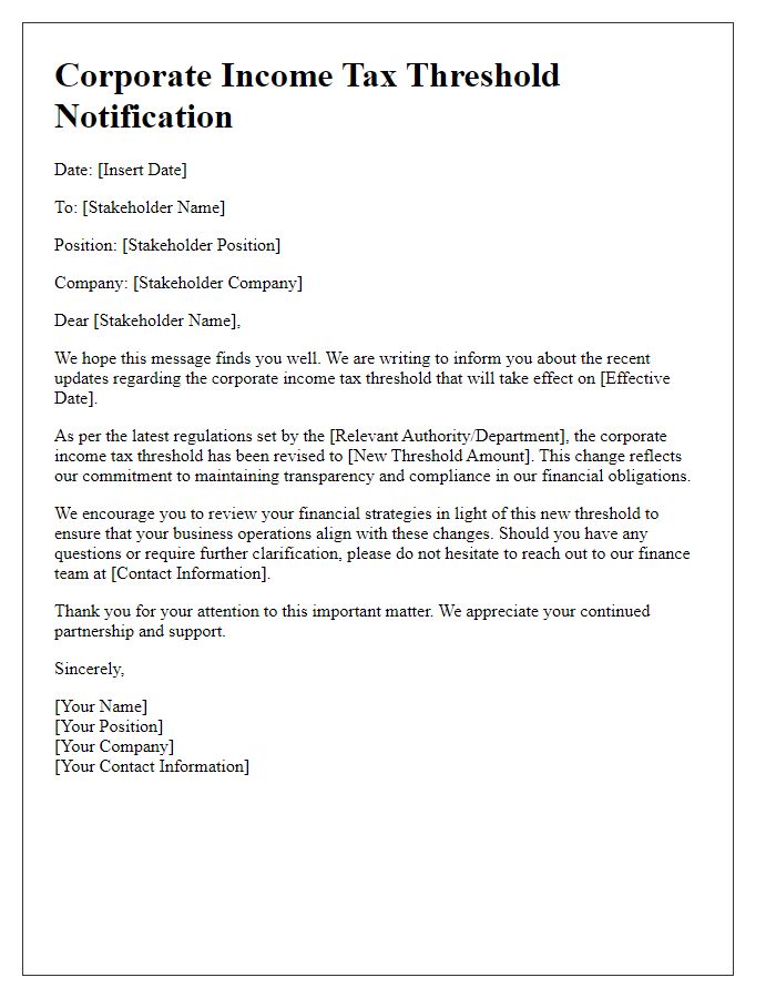 Letter template of corporate income tax threshold notification to stakeholders