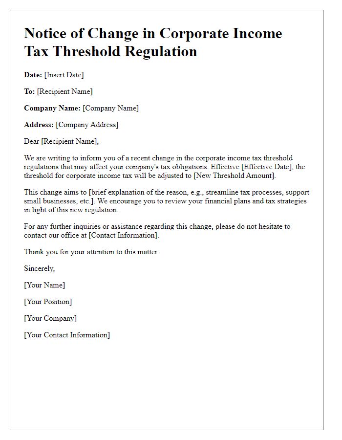 Letter template of corporate income tax threshold regulation change