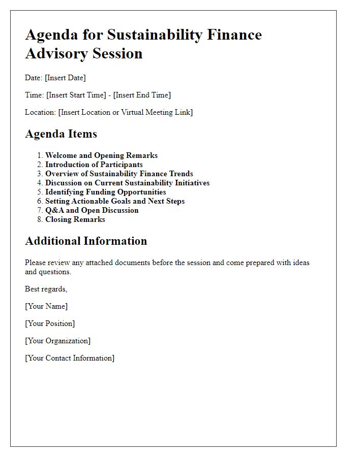 Letter template of agenda for sustainability finance advisory session