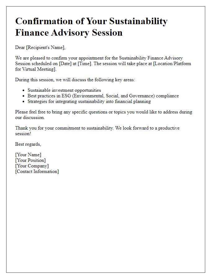 Letter template of confirmation for sustainability finance advisory session