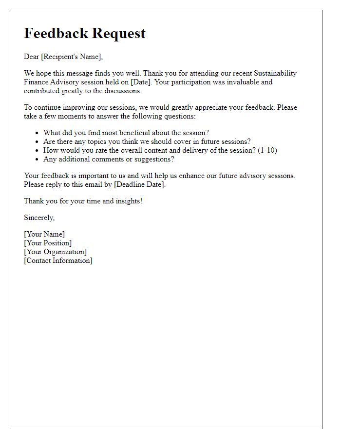 Letter template of feedback request for sustainability finance advisory session