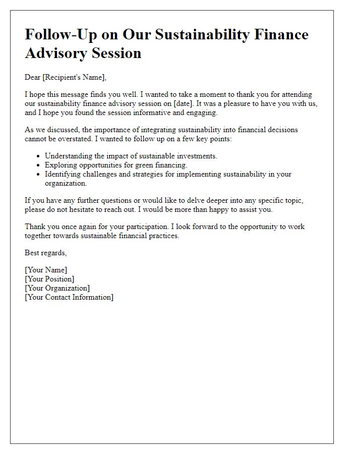 Letter template of follow-up for sustainability finance advisory session