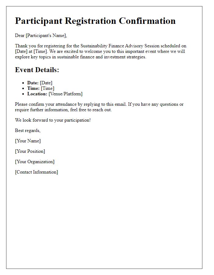 Letter template of participant registration for sustainability finance advisory session