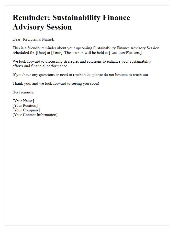 Letter template of reminder for sustainability finance advisory session