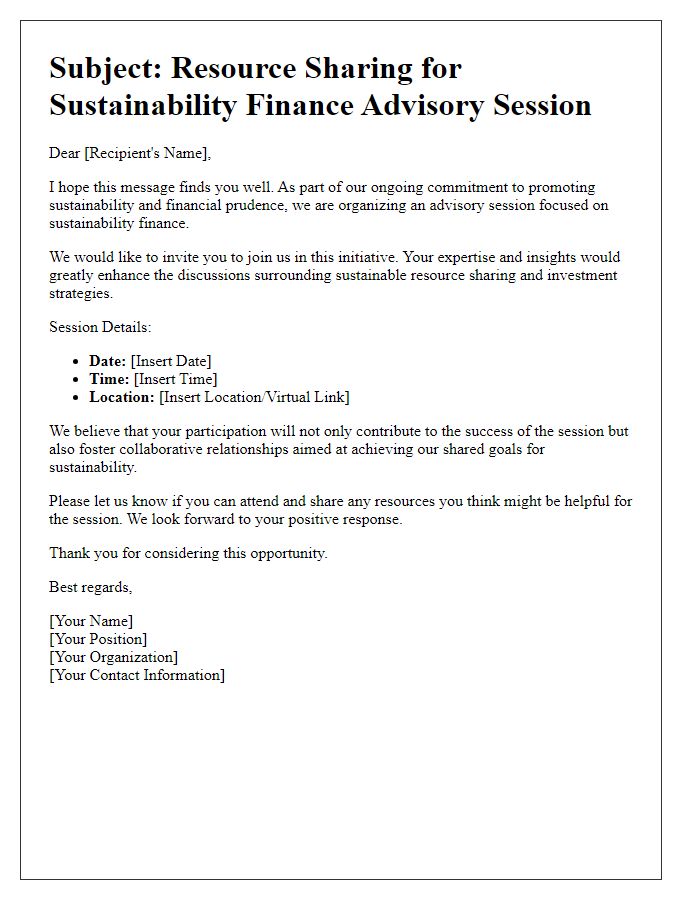 Letter template of resource sharing for sustainability finance advisory session