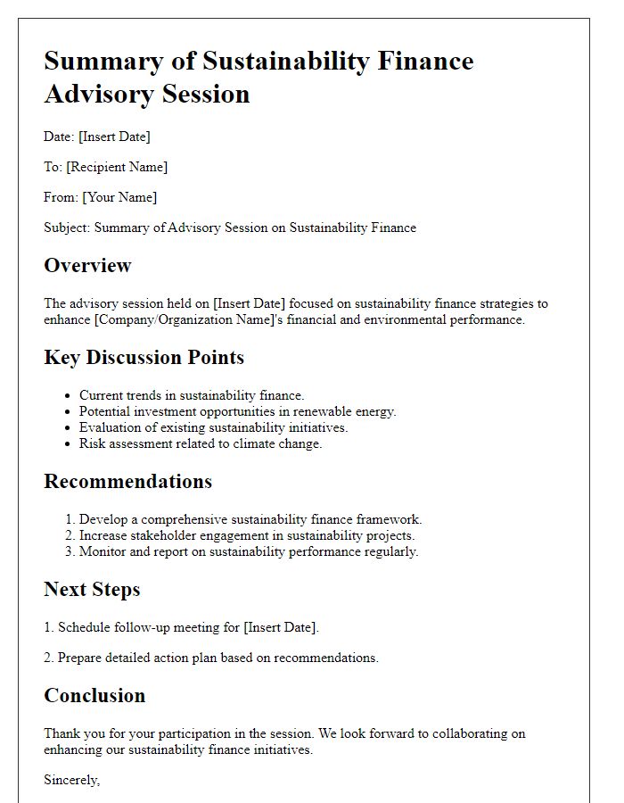 Letter template of summary for sustainability finance advisory session