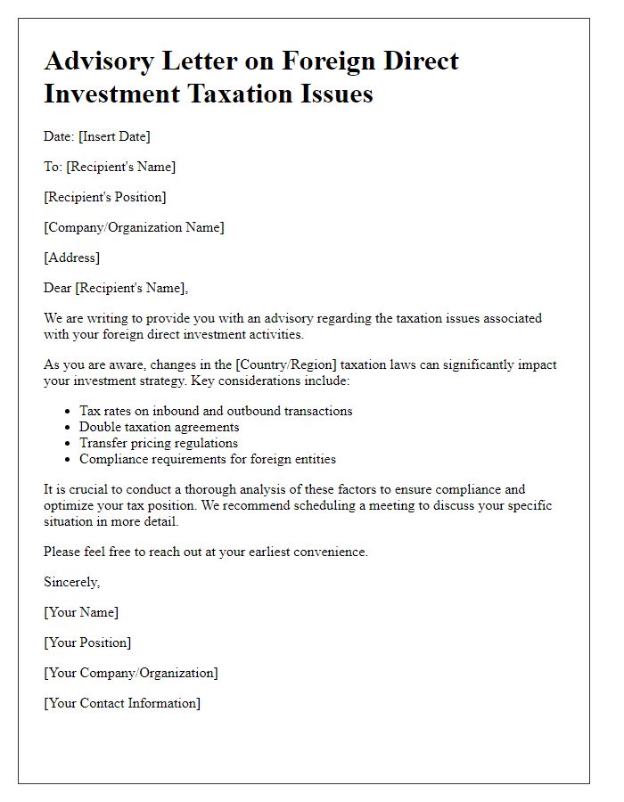 Letter template of advisory on foreign direct investment taxation issues