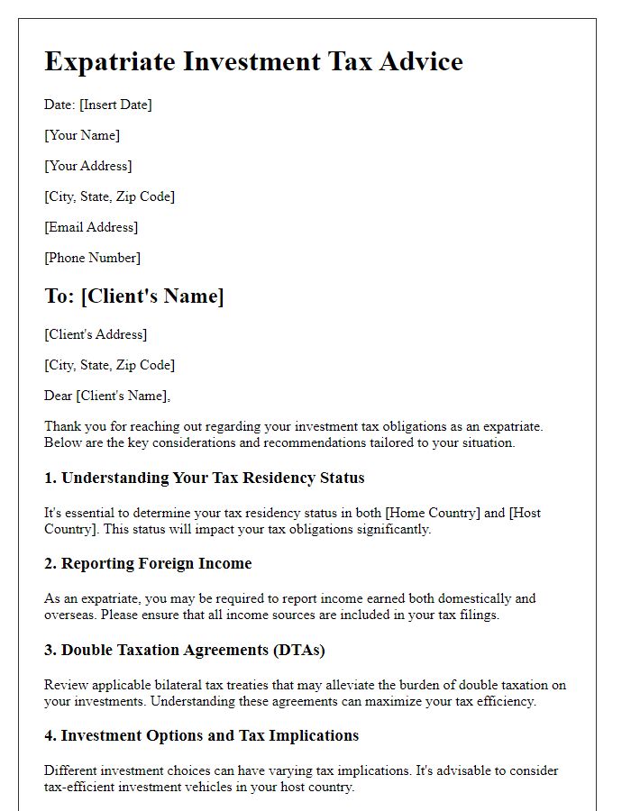 Letter template of expatriate investment tax advice