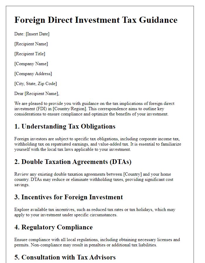 Letter template of foreign direct investment tax guidance