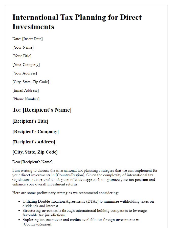 Letter template of international tax planning for direct investments