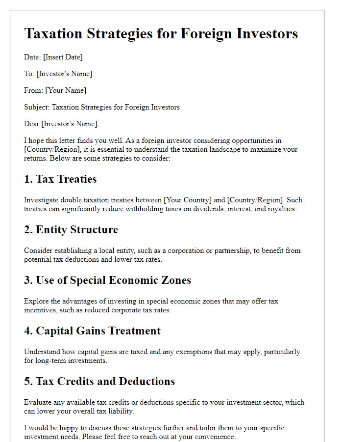 Letter template of taxation strategies for foreign investors