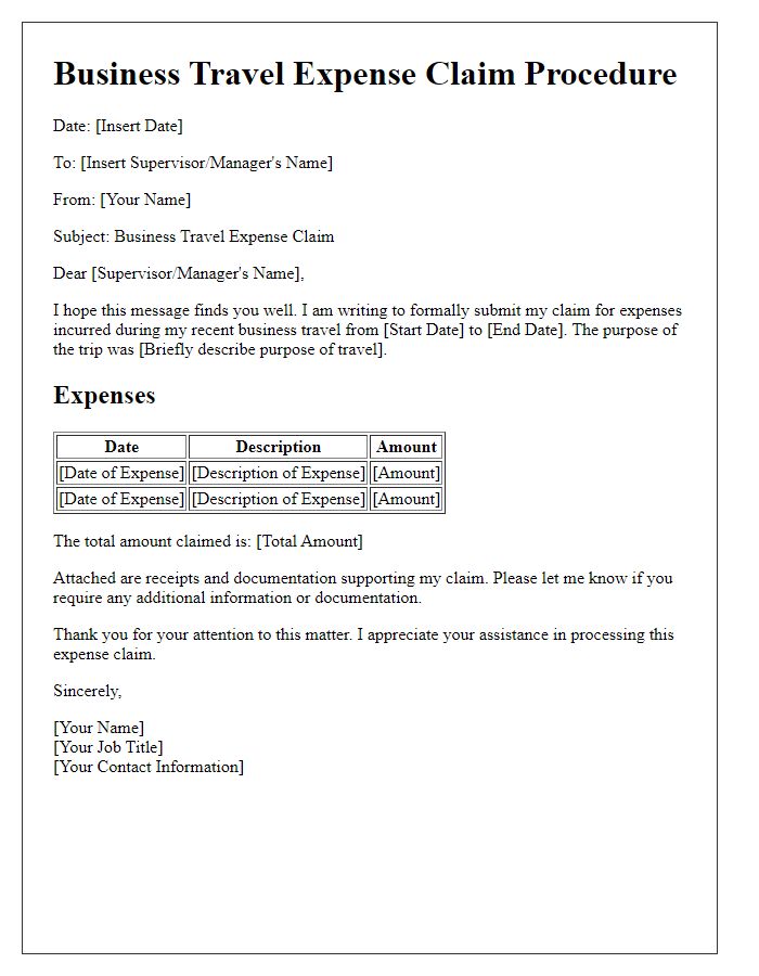 Letter template of business travel expense claim procedure