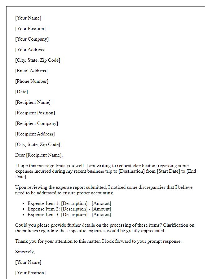 Letter template of business travel expense clarification request