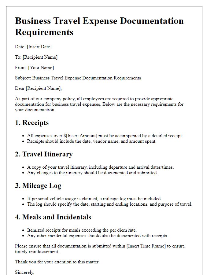 Letter template of business travel expense documentation requirements