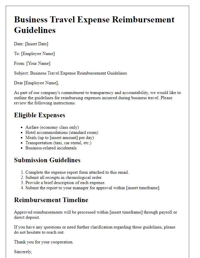 Letter template of business travel expense reimbursement guidelines