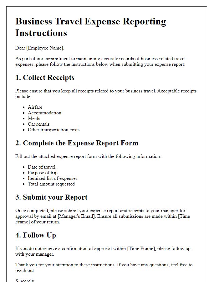 Letter template of business travel expense reporting instructions