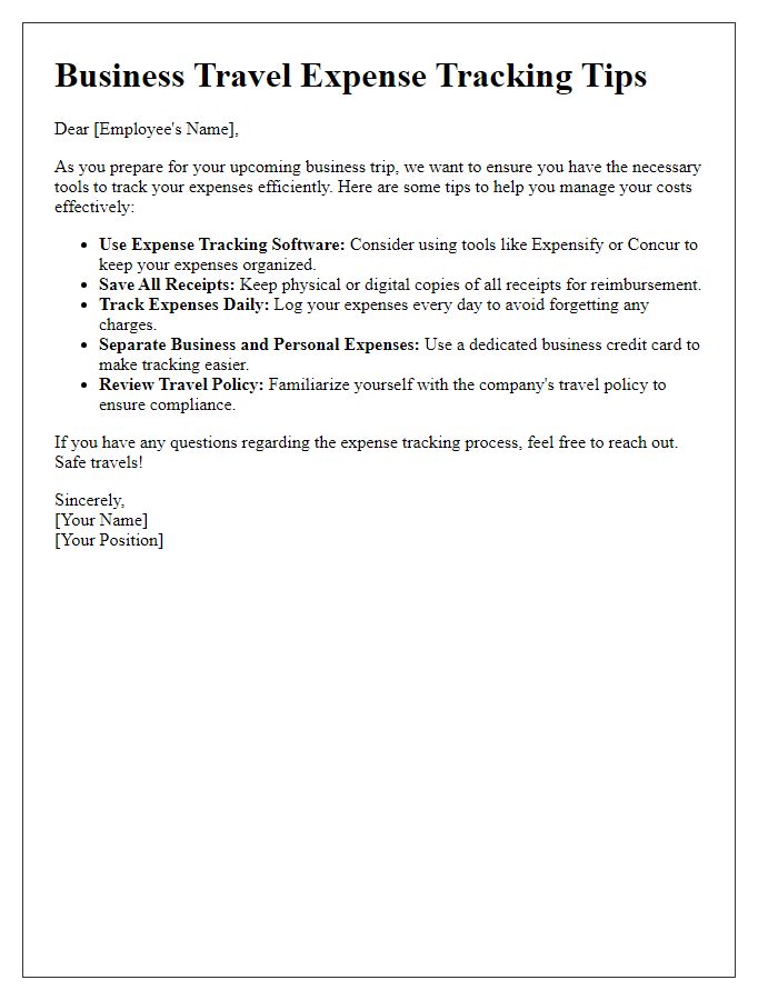 Letter template of business travel expense tracking tips