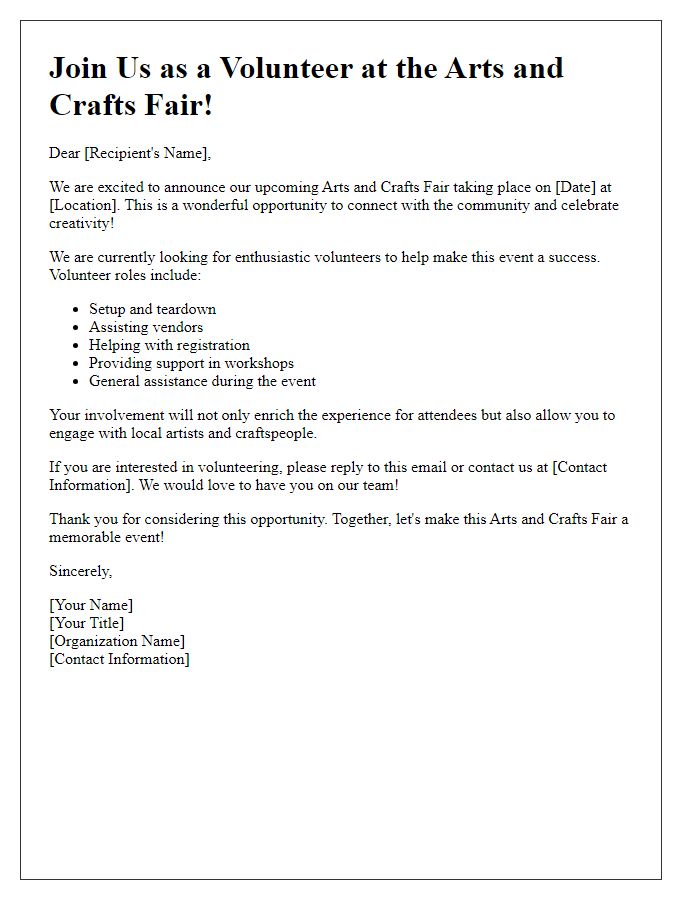 Letter template of Volunteer Recruitment for Arts and Crafts Fair