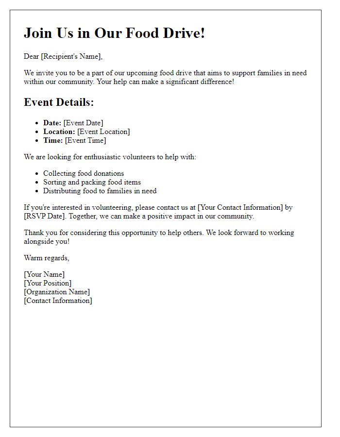 Letter template of Volunteer Recruitment for Food Drive