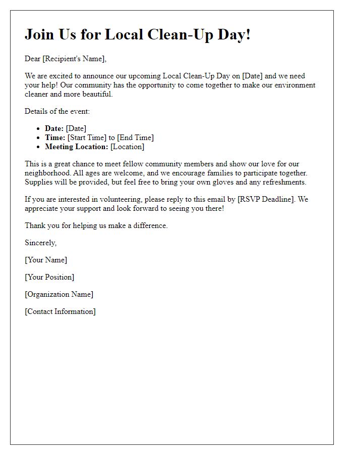 Letter template of Volunteer Recruitment for Local Clean-Up Day