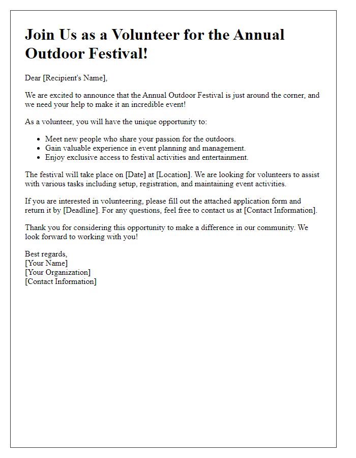 Letter template of Volunteer Recruitment for Outdoor Festival