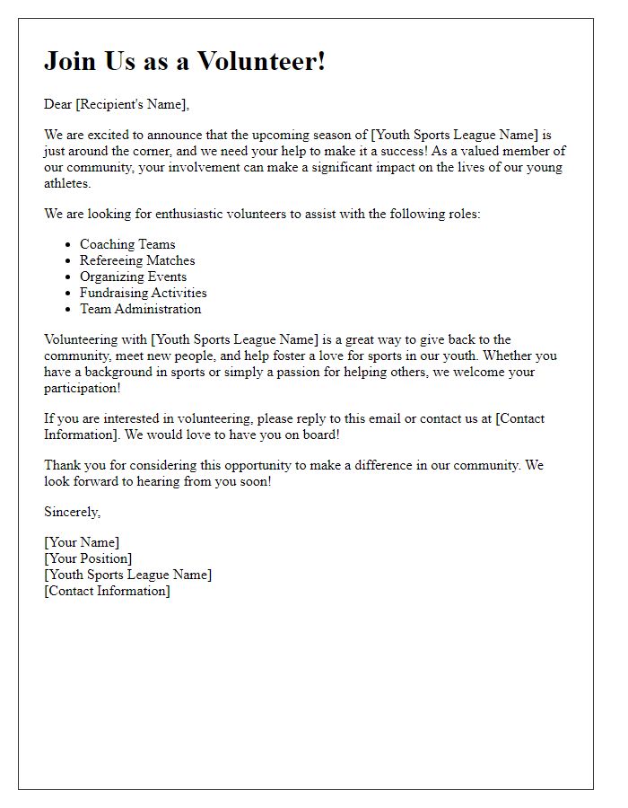 Letter template of Volunteer Recruitment for Youth Sports League