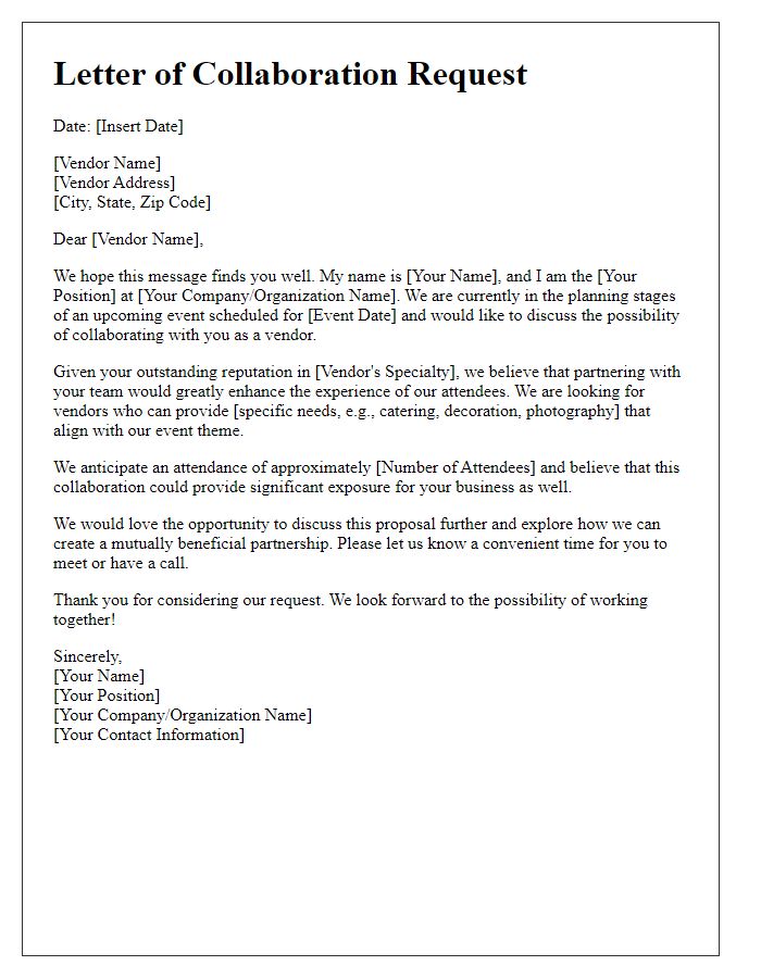 Letter template of Event Vendor Collaboration Request