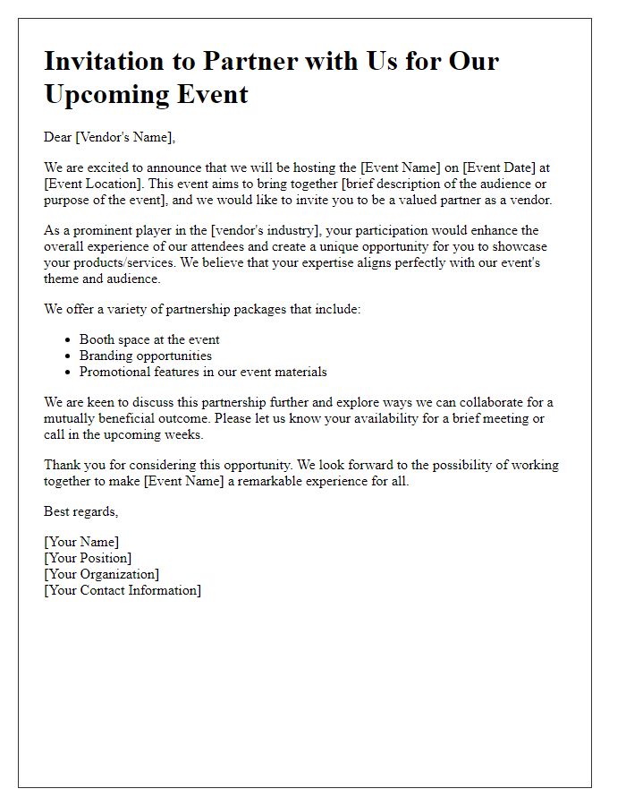 Letter template of Invitation to Partnership for Event Vendors