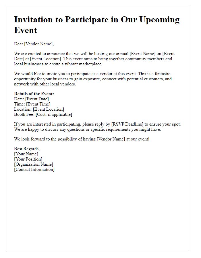 Letter template of Vendor Participation Invitation for Upcoming Event