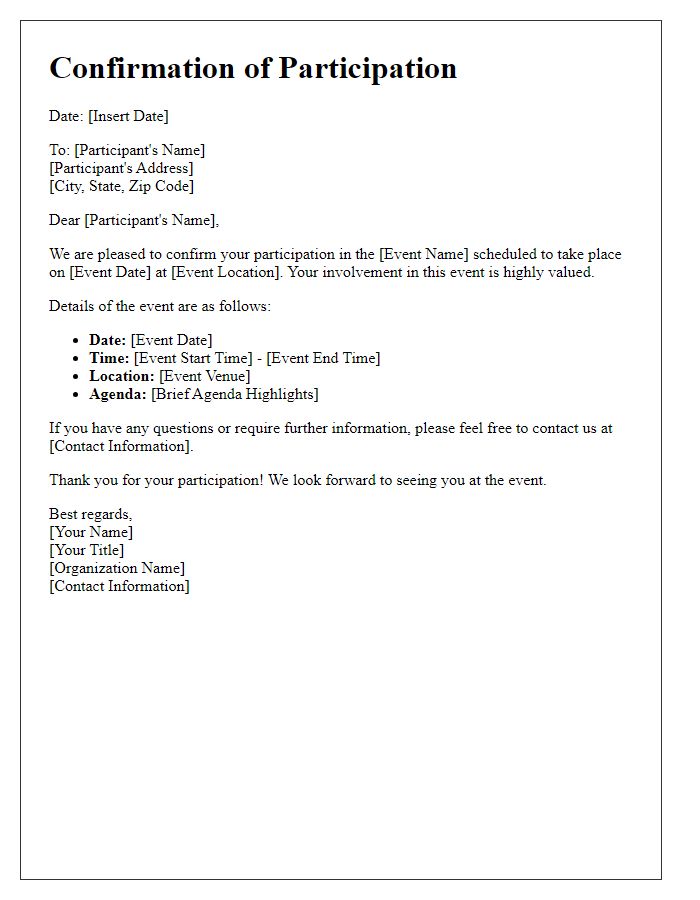 Letter template of Confirmation of Participation in Event