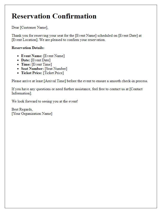 Letter template of Event Seat Reservation Confirmation