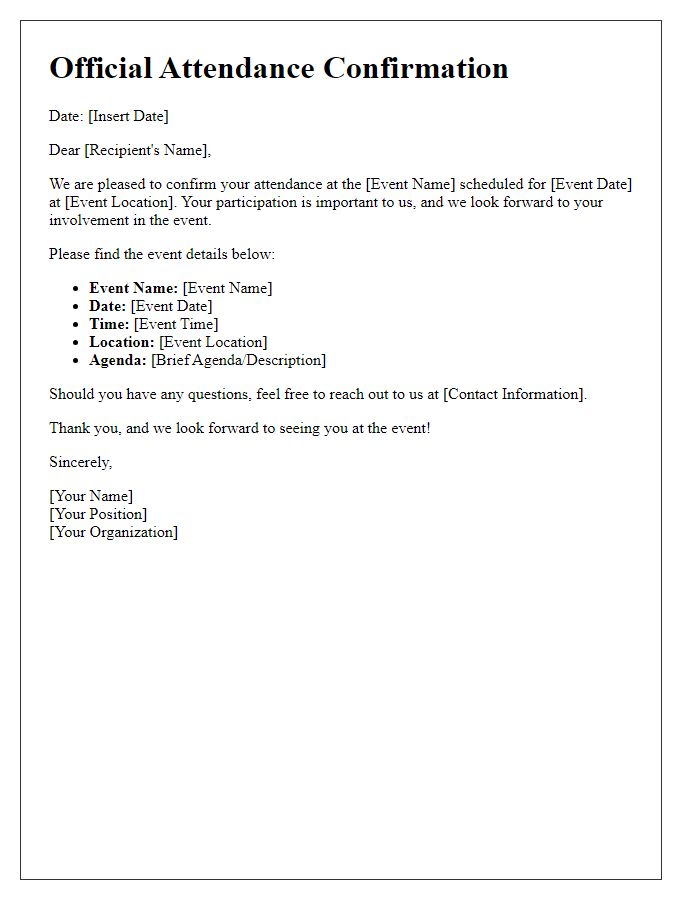 Letter template of Official Attendance Confirmation for Event