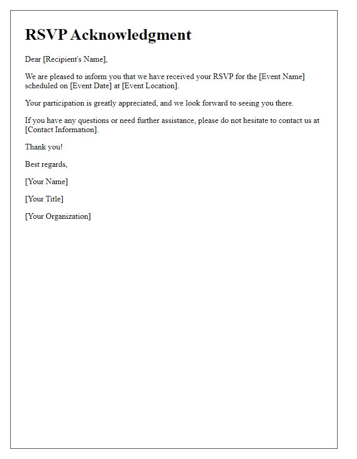 Letter template of RSVP Acknowledgment for Event Participation