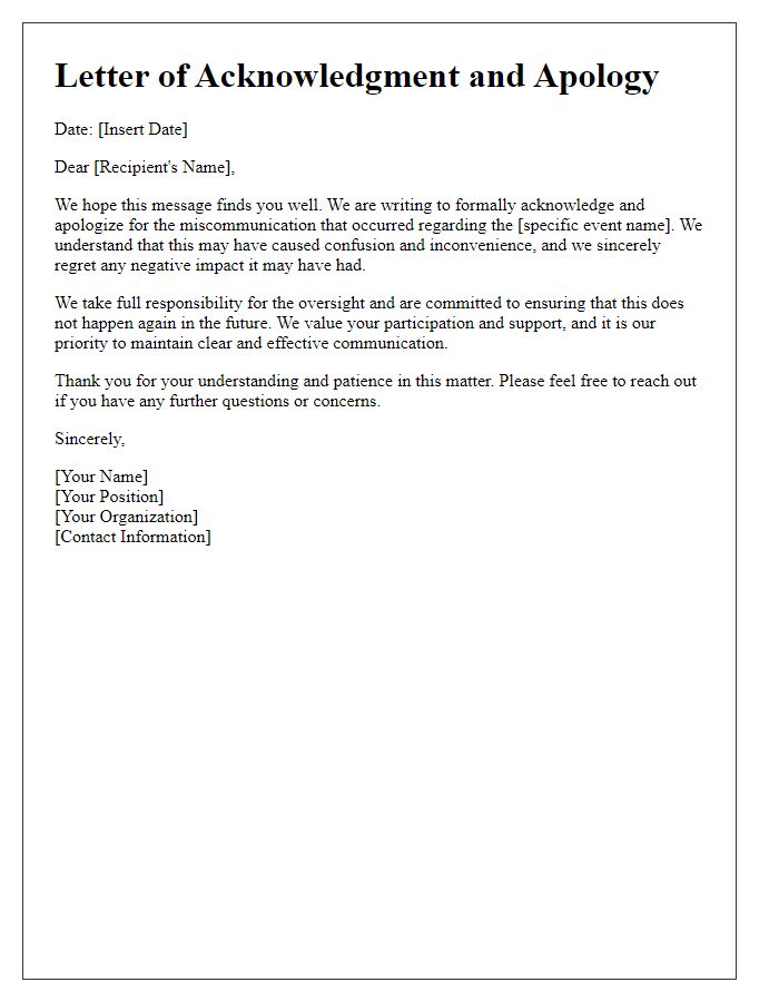 Letter template of acknowledgment and apology for event miscommunication