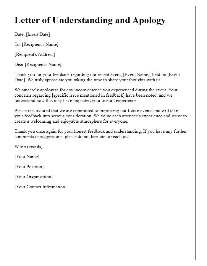 Letter template of understanding and apology for event feedback