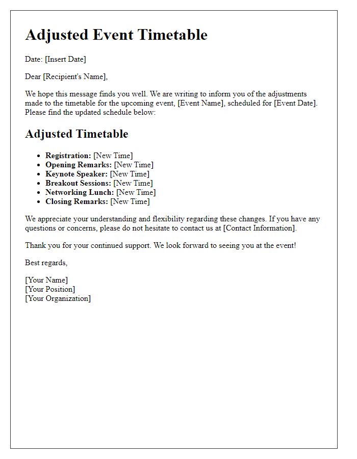 Letter template of adjusted event timetable details