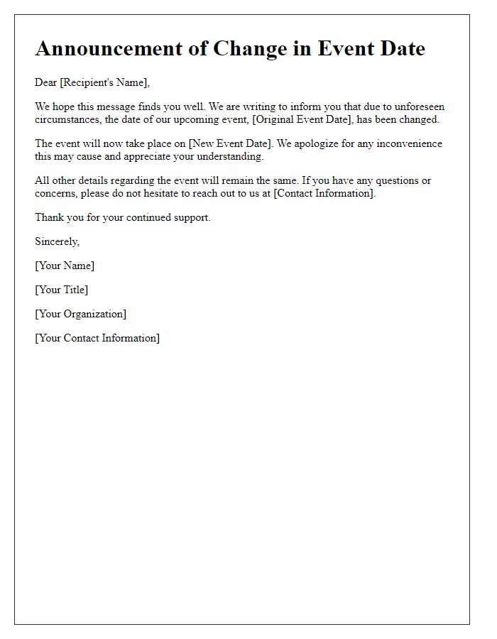 Letter template of change in event date announcement
