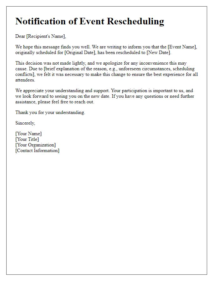 Letter template of event rescheduling explanation