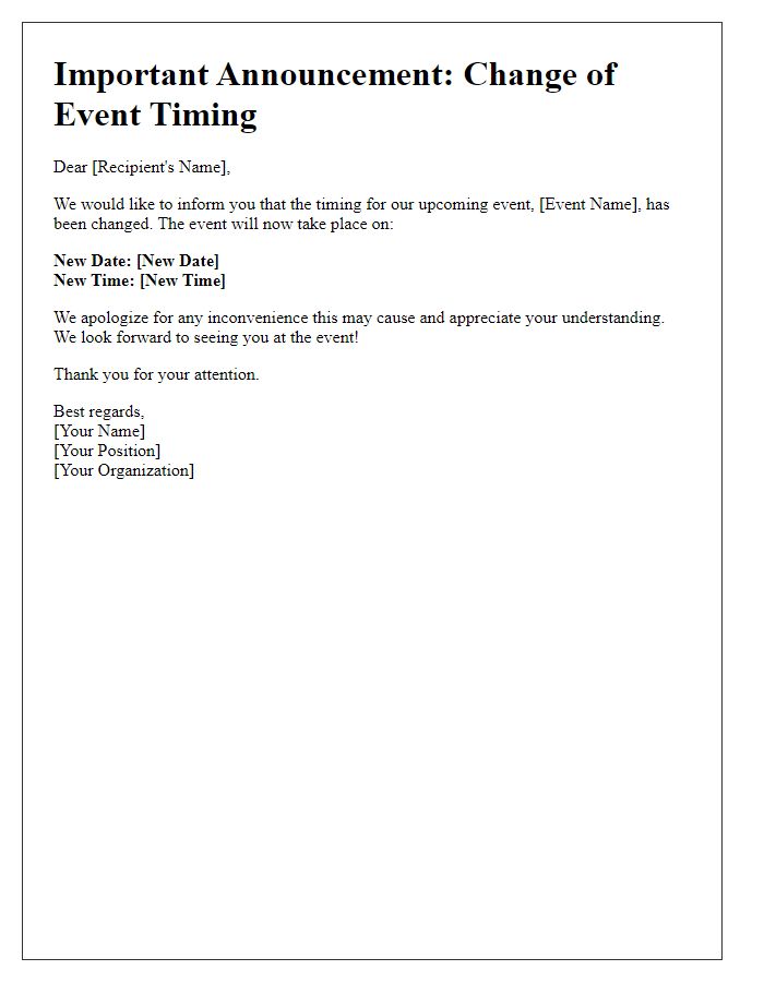 Letter template of event timing change announcement