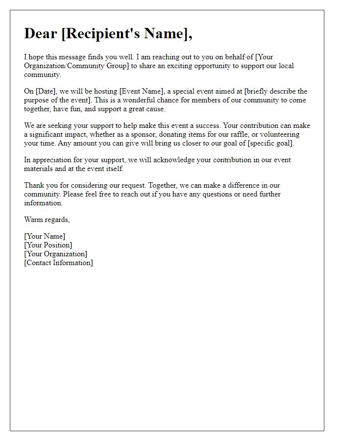 Letter template of community fundraising appeal for local events