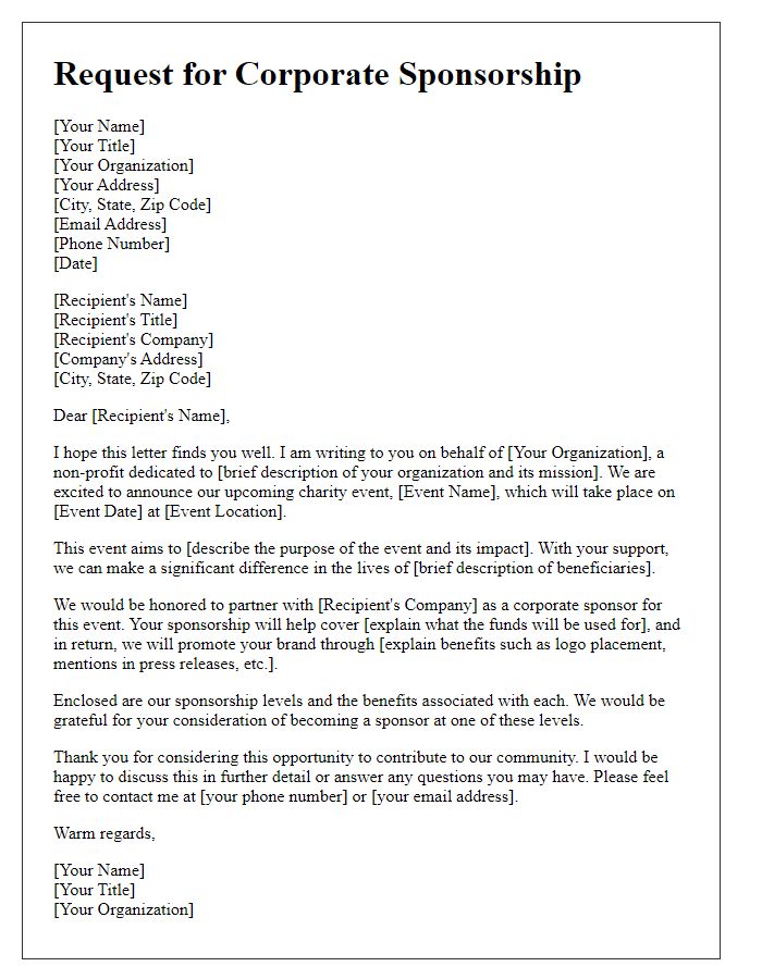 Letter template of corporate sponsorship request for charity event