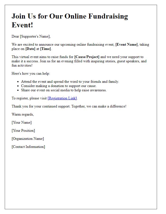 Letter template of online fundraising event announcement for supporters